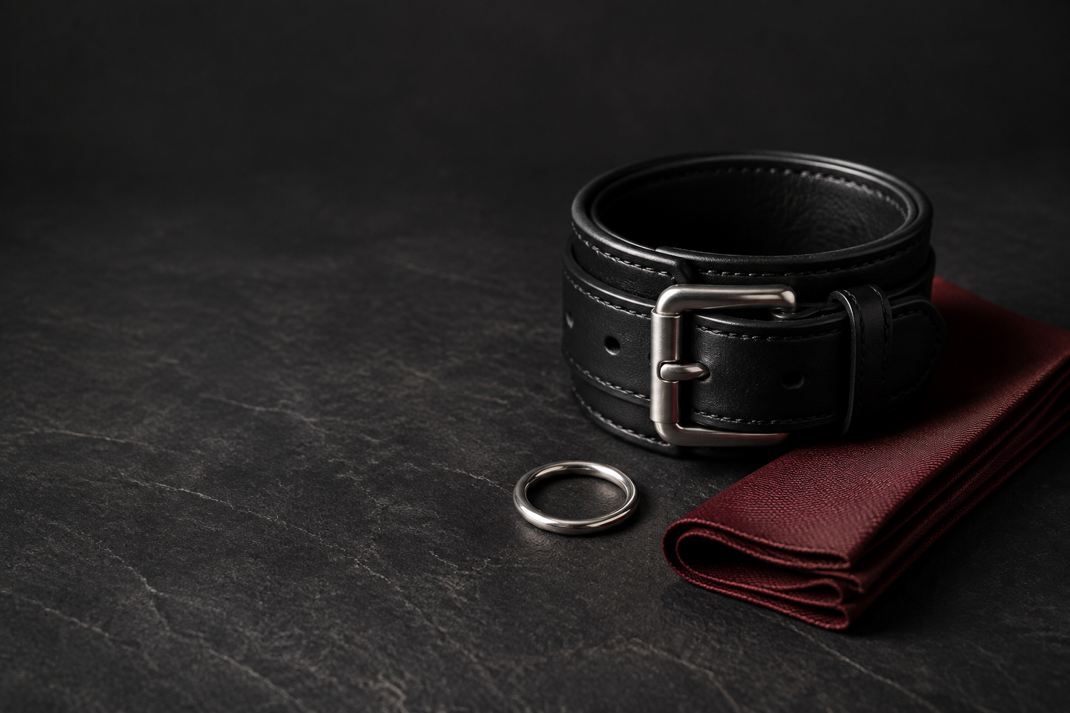 A tasteful still life of black leather, brushed metal and oxblood fabric